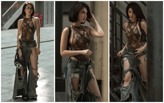 Ngọc Trinh khoe ngực đầy với đồ rách rưới mỏng dính