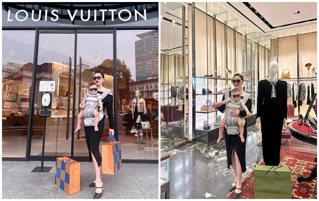  Bảo Thy địu quý tử một tuổi đi mua hàng hiệu